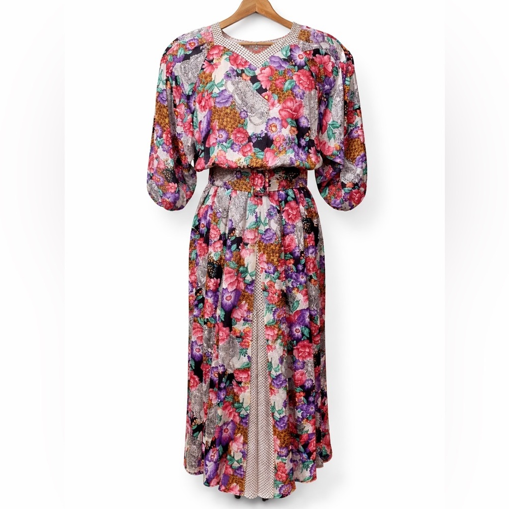 Diane Freis Vintage 100% Silk Floral Polka Dot Belted Elastic Fit & Flare Dress